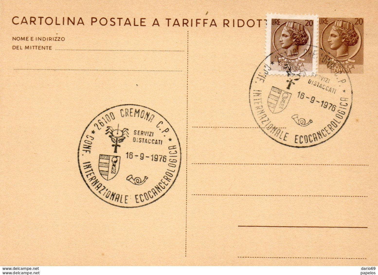 1976 CARTOLINA CON ANNULLO  CREMONA  CONF. ECOCANGEROLOGICA - Stamped Stationery