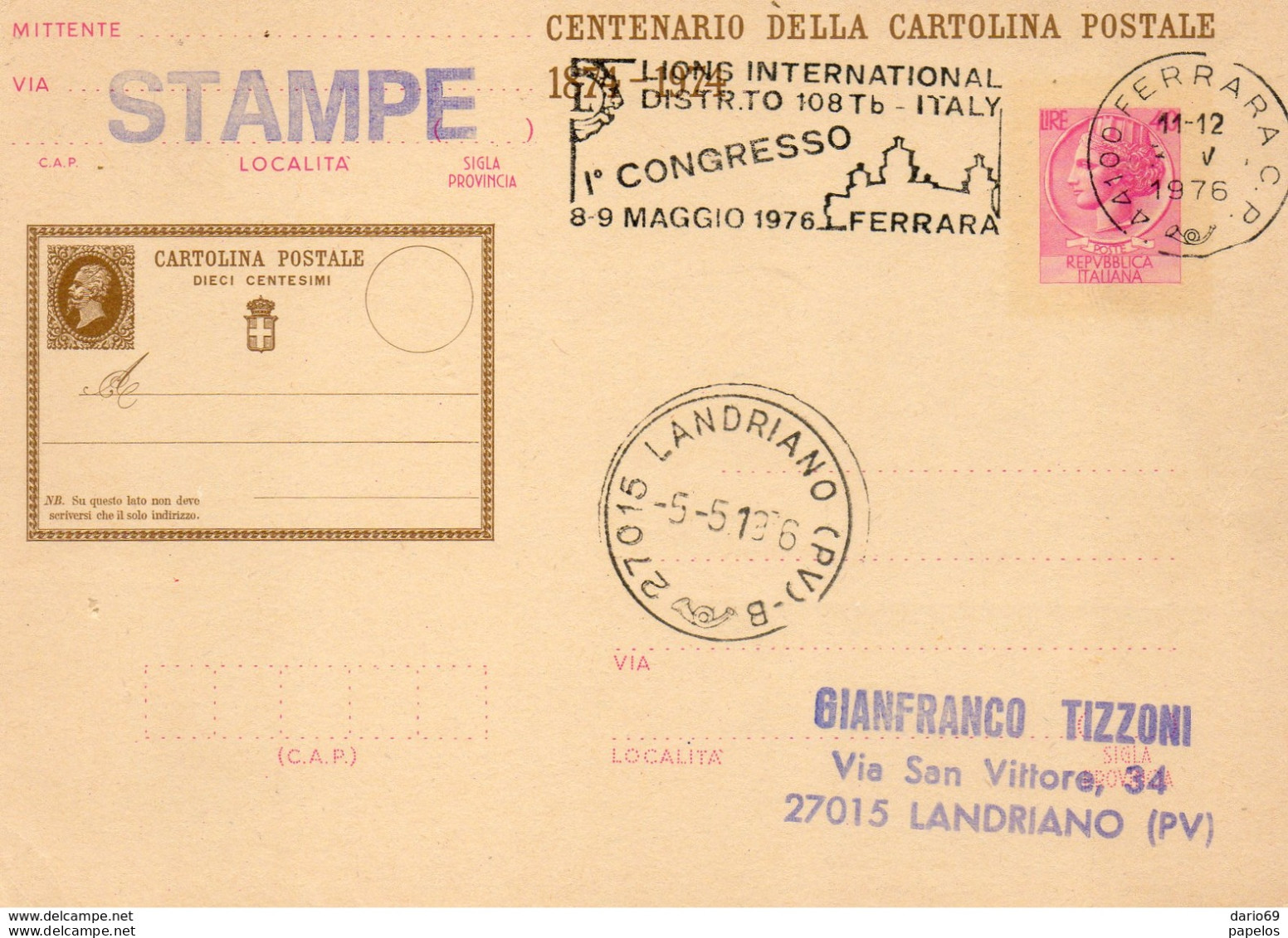 1976 CARTOLINA CON ANNULLO  FERRARA  1 CONGRESSO - Interi Postali