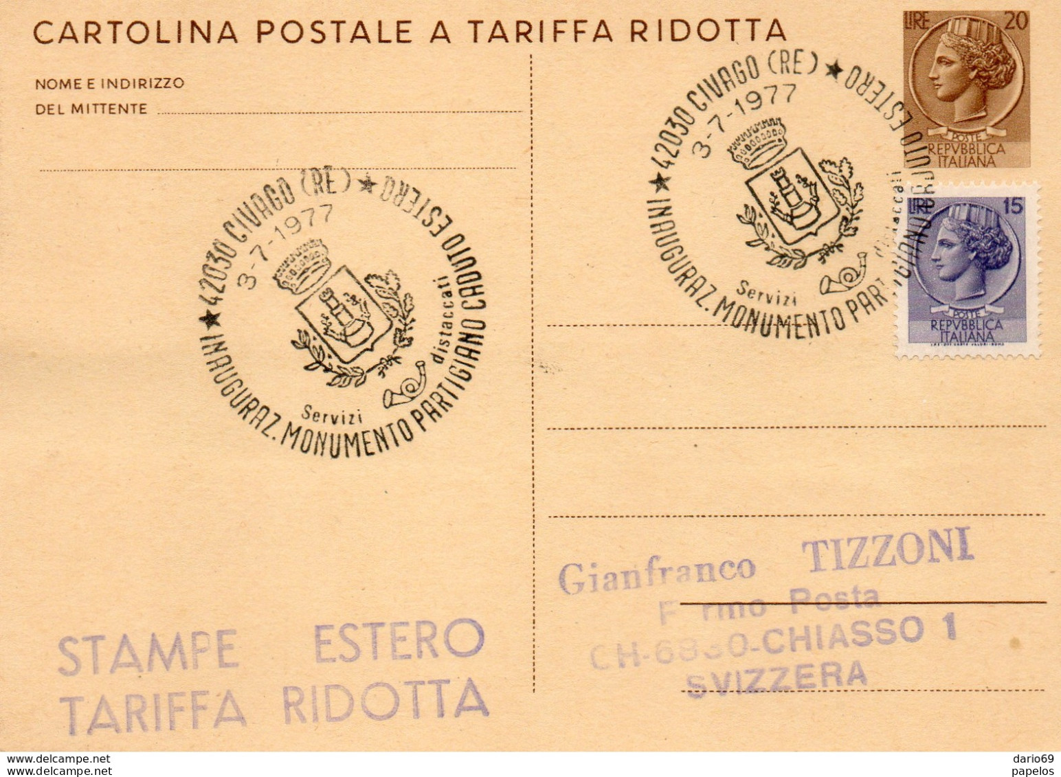 1977 CARTOLINA CON ANNULLO  CIVAGO INAG. MONUMENTO PARTIGIANO - Postwaardestukken