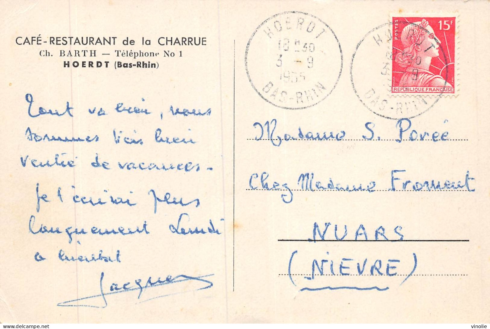 P-24-Mi-Is-1946 : HOERDT. SOUVENIR DU CAFE RESTAURANT  DE LA CHARRUE. CH BARTH - Otros & Sin Clasificación