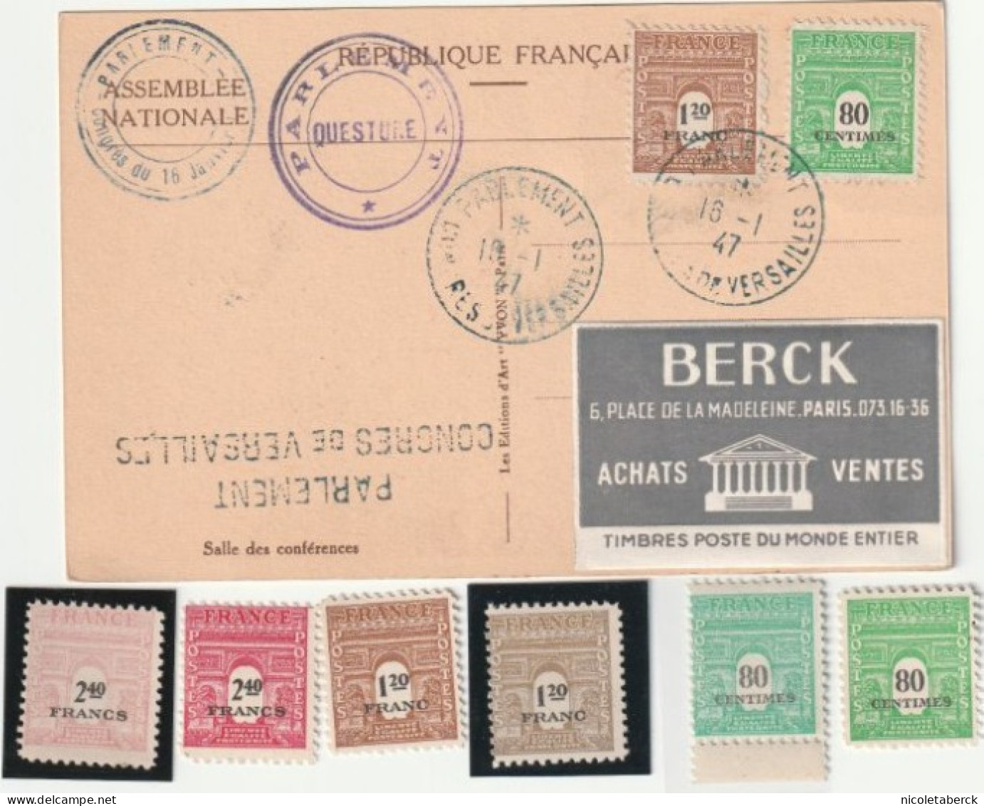 N°706/7, Obl: 16/1/47 Congrès De Versailles Sur Carte De L'assemblée National + Variétés. Collection BERCK. - Storia Postale