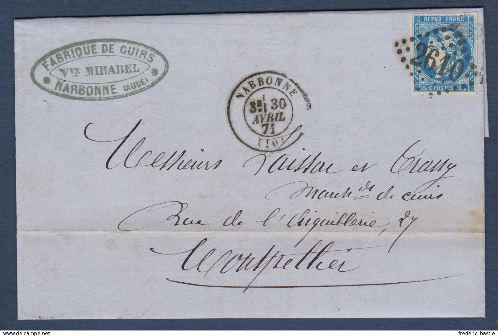Bordeaux N° 46B  Oblitéré GC  2610 Sur Lettre De Narbonne - Cote : 30 € - 1870 Ausgabe Bordeaux