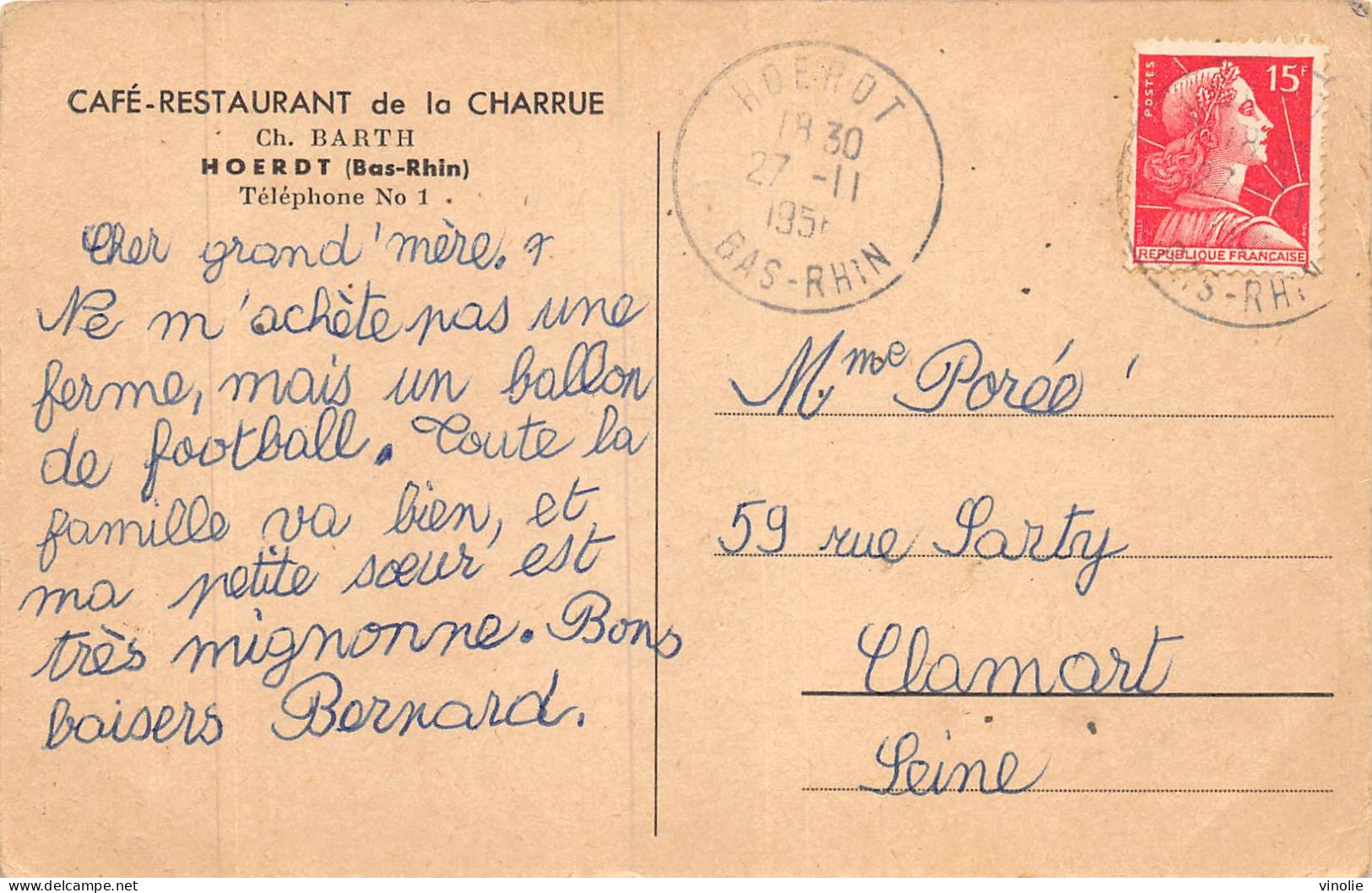 P-24-Mi-Is-1948 : HOERDT. SOUVENIR DU CAFE RESTAURANT  DE LA CHARRUE. CH BARTH - Sonstige & Ohne Zuordnung