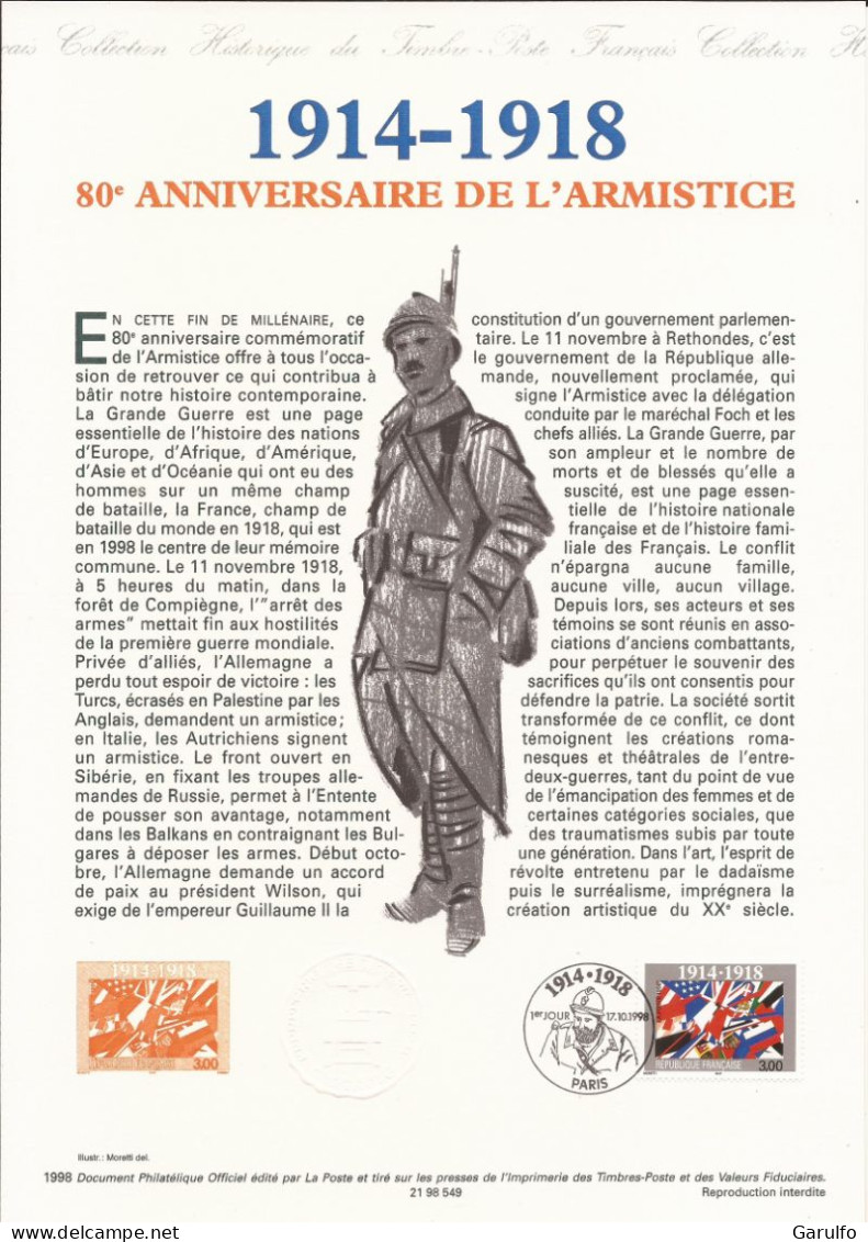 Document Officiel La Poste Oblitération 1er Jour  1914-1918 80eme Anniversaire De L'Armistice - Documents De La Poste