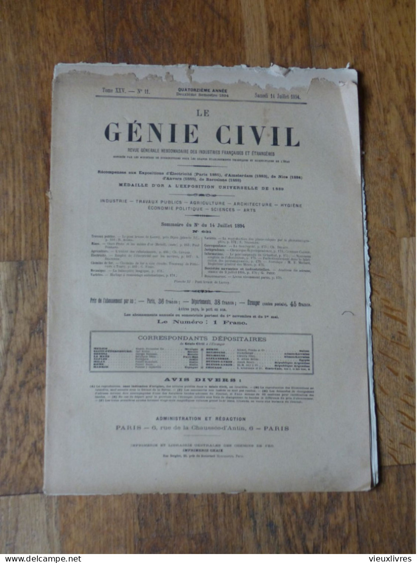 Le Génie Civil 14 Juillet 1894 Pont Levant De Larrey Côte D'Or Avec Planche Technique - Zeitschriften - Vor 1900
