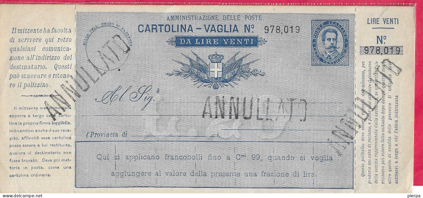 INTERO CARTOLINA-VAGLIA UMBERTO C.25 DA LIRE 20 (CAT. INT. 9A)  NUOVA - TIMBRO ANNULLATO - Postwaardestukken