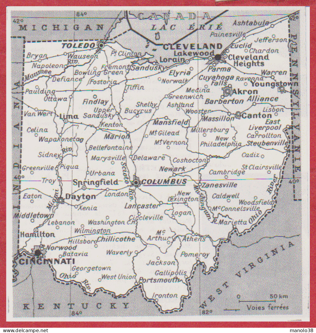 Carte De L'Etat De L' Ohio. Carte Avec Voies Ferrées. Etats Unis. Larousse 1960. - Documents Historiques