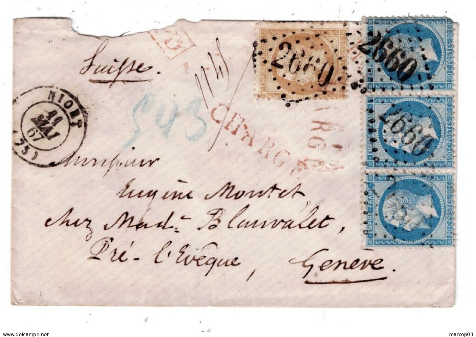 79 DEUX SEVRES NIORT Env Vide TAD 15 Du 11/05/1867 CHARGE Pour La Suisse N°21+N°22x3 GC 2660 Manque Papier Affr Rare TB - 1862 Napoleone III