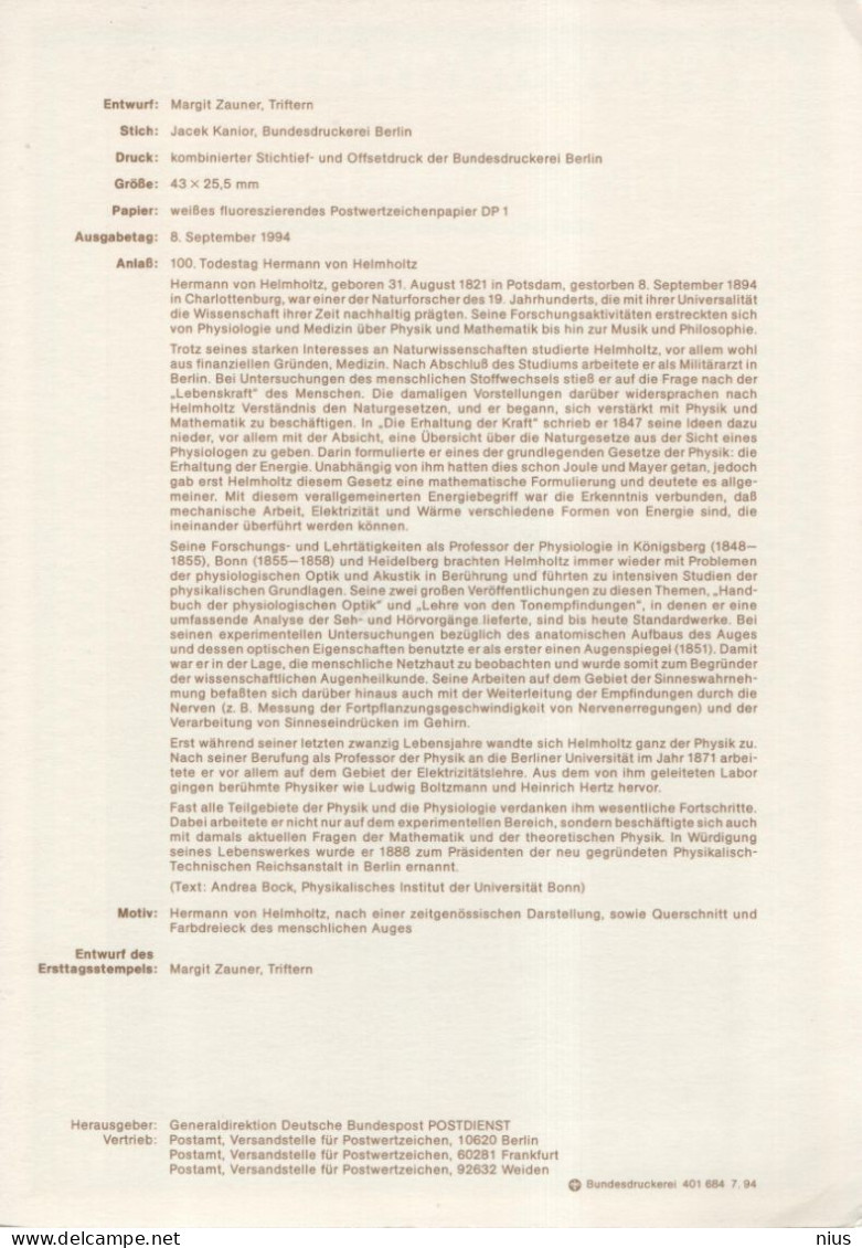 Germany Deutschland 1994-29 Hermann Von Helmholtz, German Physicist Physics Physician, Canceled In Bonn - 1991-2000