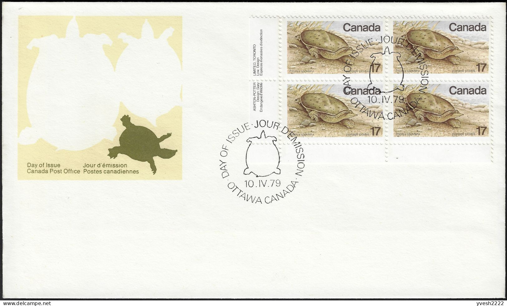 Canada 1979 Y&T 699 En Bloc De 4 Sur FDC. Espèces Menacées D'extinction. Tortue Molle à épines - Tortugas