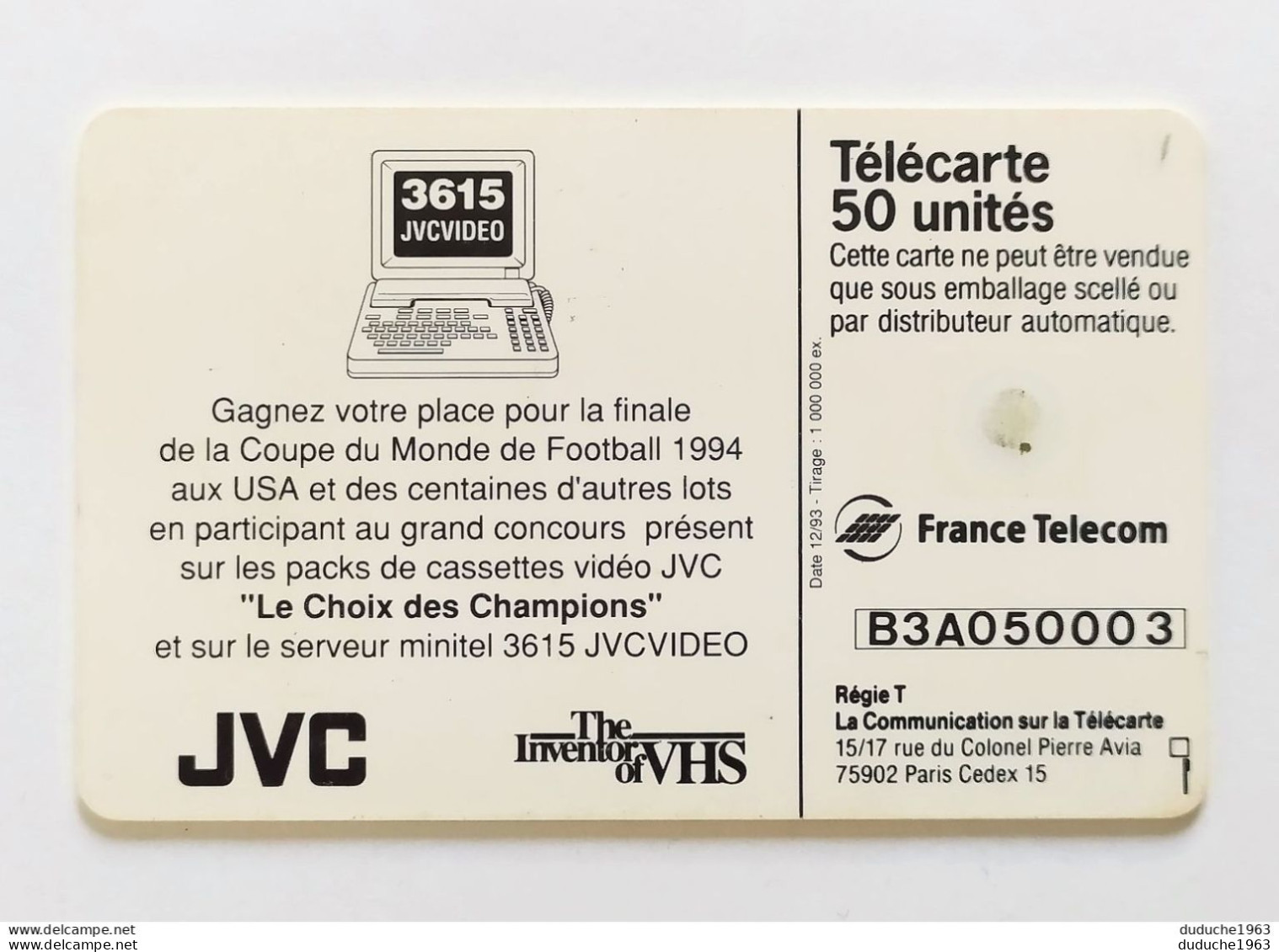 Télécarte France - JVC: Coupe Du Monde Football USA 1994 (Revers Inversé) - Zonder Classificatie