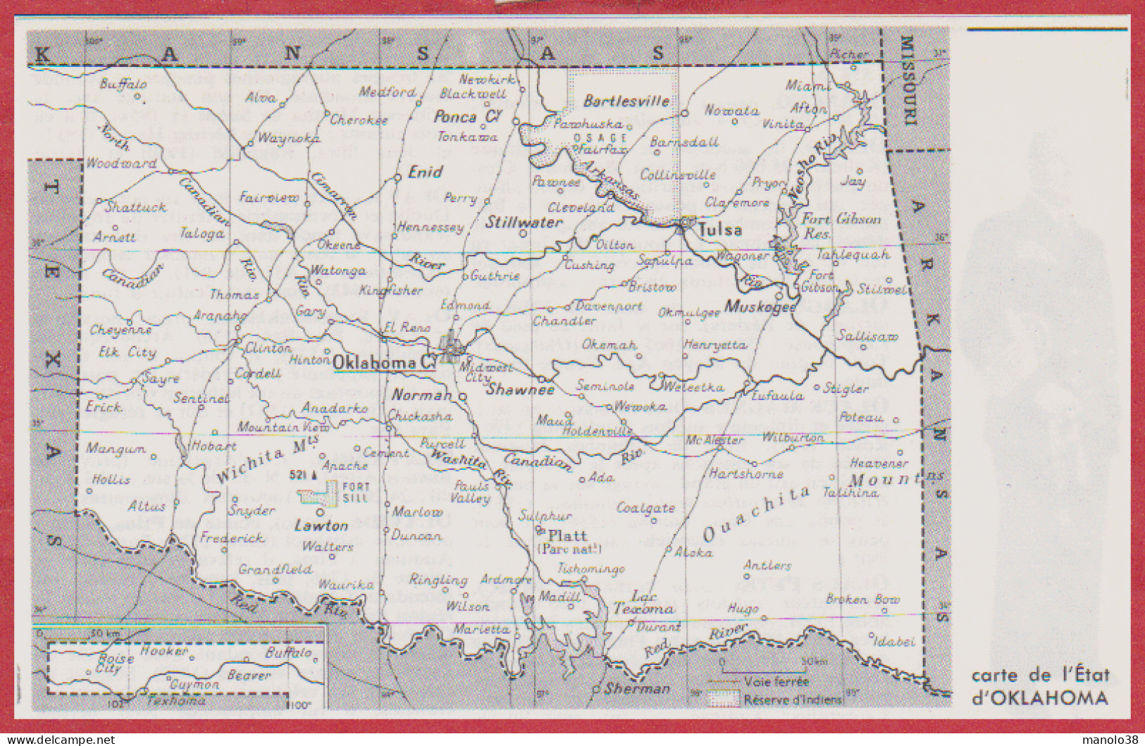 Carte De L'Etat De L' Oklahoma. Etats Unis. USA. Larousse 1960. - Documentos Históricos