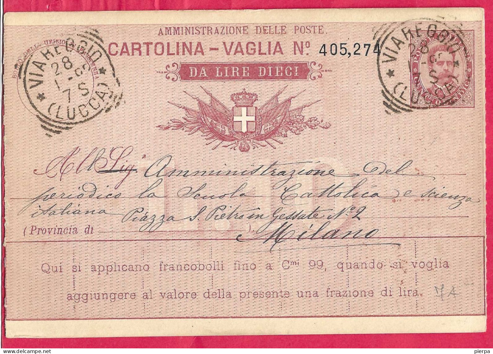 ANNULLO TONDO RIQUADRATO "VIAREGGIO*28.1.82*/(LUCCA)" SU INTERO CARTOLINA-VAGLIA UMBERTO C.15 DA LIRE 10 (CAT. INT.7A) - Entiers Postaux