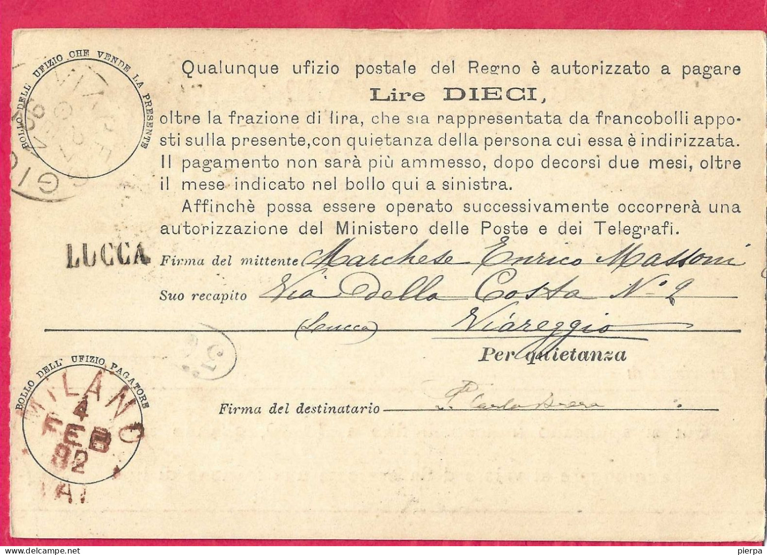 ANNULLO TONDO RIQUADRATO "VIAREGGIO*28.1.82*/(LUCCA)" SU INTERO CARTOLINA-VAGLIA UMBERTO C.15 DA LIRE 10 (CAT. INT.7A) - Stamped Stationery