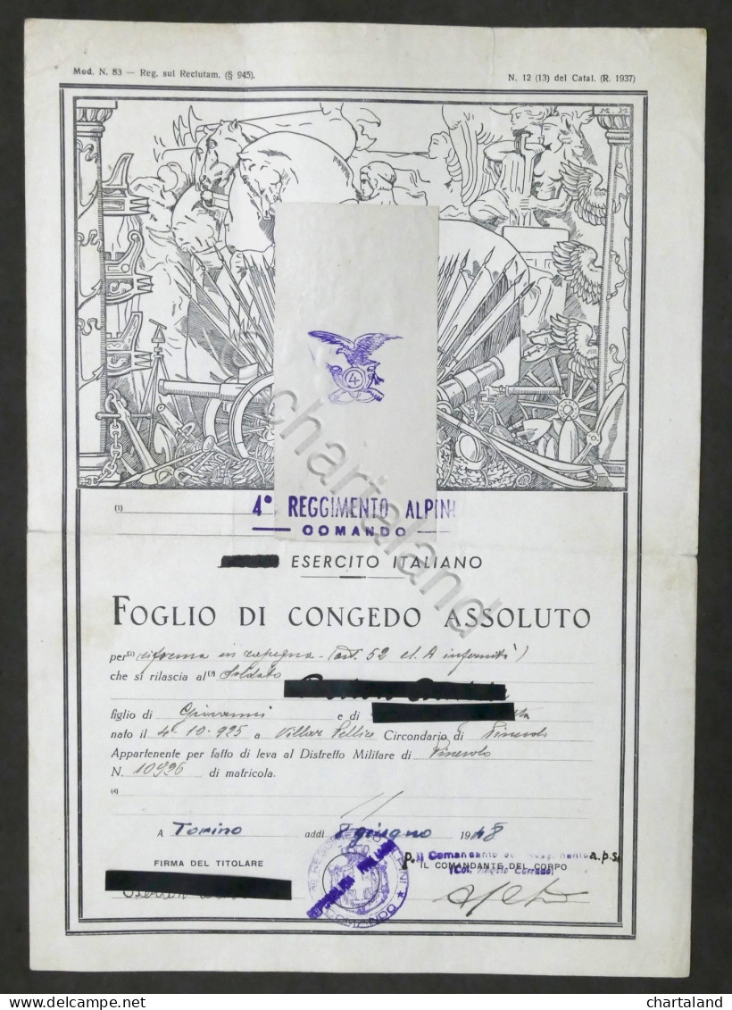 Foglio Di Congedo Assoluto - 4° Reggimento Alpini - Villar Pellice  - 1948 - Documents