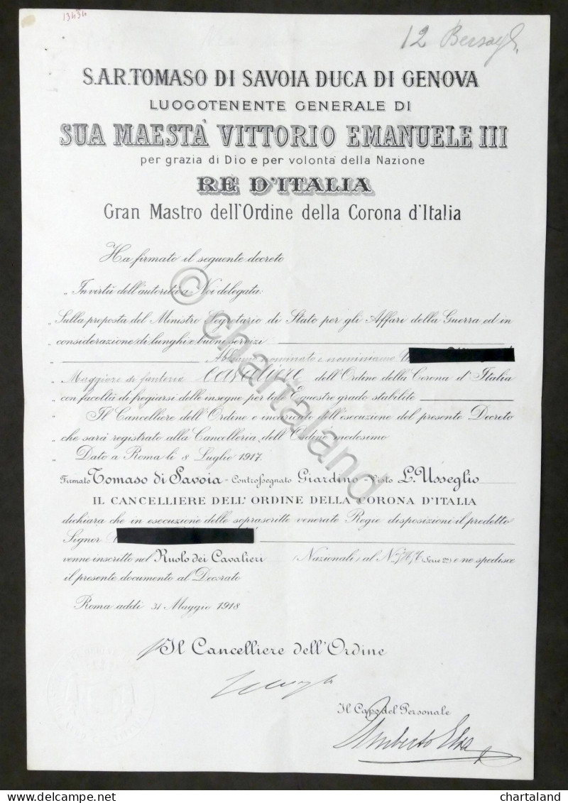 Regno D'Italia - Decreto Nomina Cavaliere Dell'Ordine Della Corona D'Italia 1918 - Zonder Classificatie