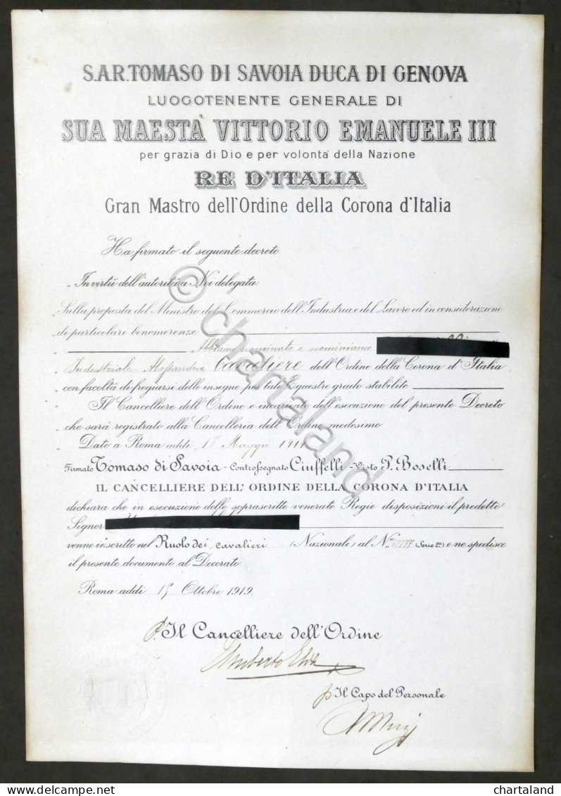 Regno D'Italia - Decreto Nomina Cavaliere Dell'Ordine Della Corona D'Italia 1919 - Non Classés