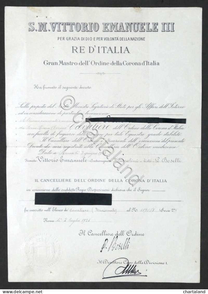 Regno D'Italia - Decreto Nomina Cavaliere Dell'Ordine Della Corona D'Italia 1924 - Non Classés