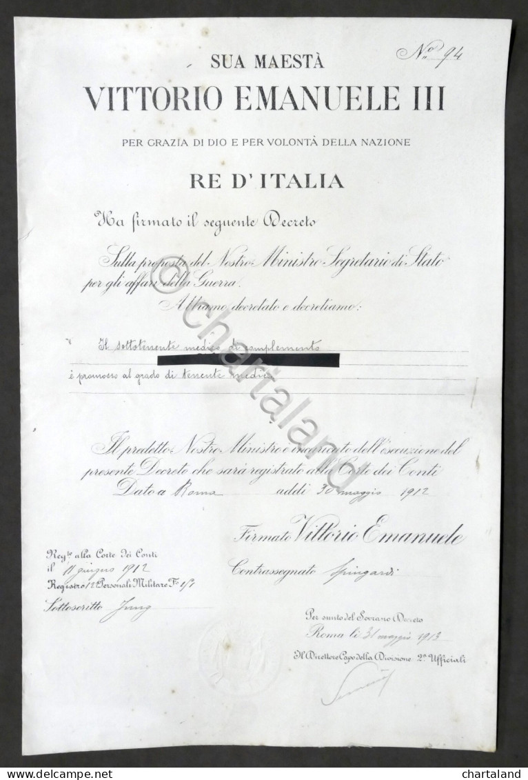 Regno D'Italia Militaria Decreto Di Promozione Al Grado Di Tenente Medico - 1912 - Dokumente