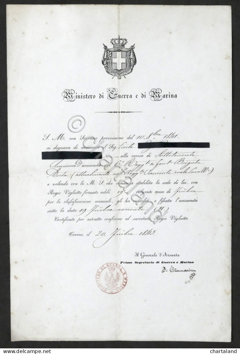 Regno Di Sardegna - Ministero Guerra E Marina - Certificato D'Anzianità - 1843 - Documentos