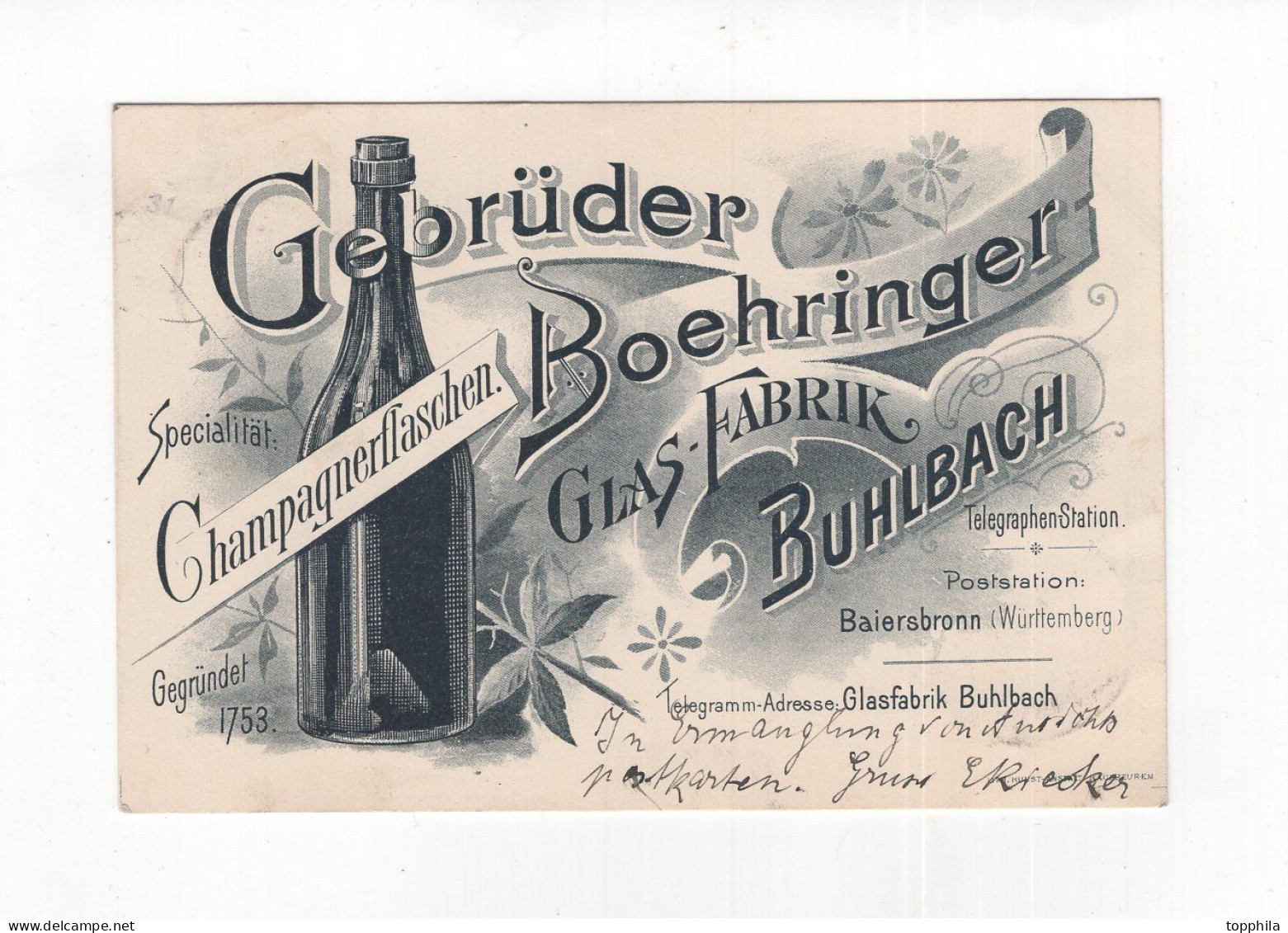 1899 Württemberg Werbepostkarte Champagnerflaschen Gebrüder Boehringer Glasfabrik Buhlbach - Publicité
