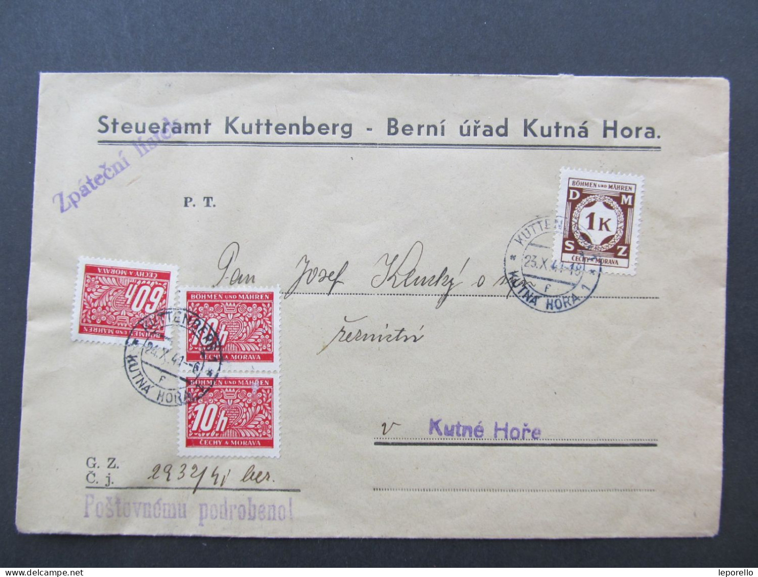 BRIEF Kutná Hora Dienstmarken Portomarken  1941 // P9878 - Lettres & Documents