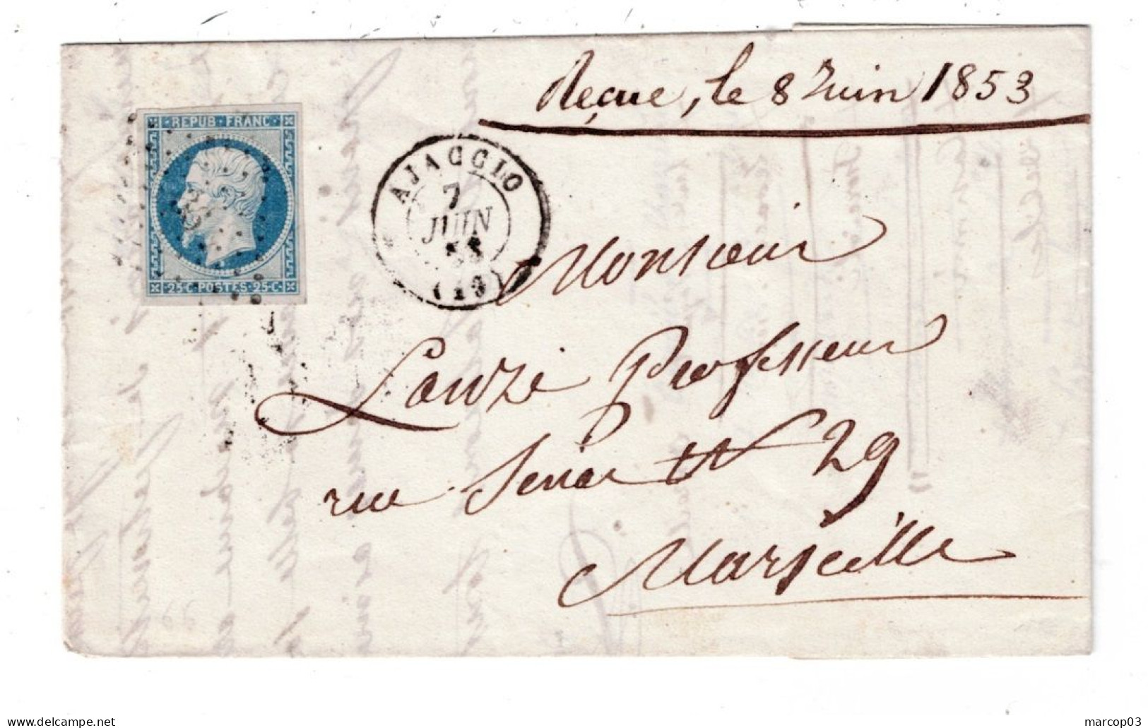 20 CORSE AJACCIO LAC TAD 15 Du 07/06/1853 PC 36 Sur N°10 Bien Margé TTB - 1852 Louis-Napoleon