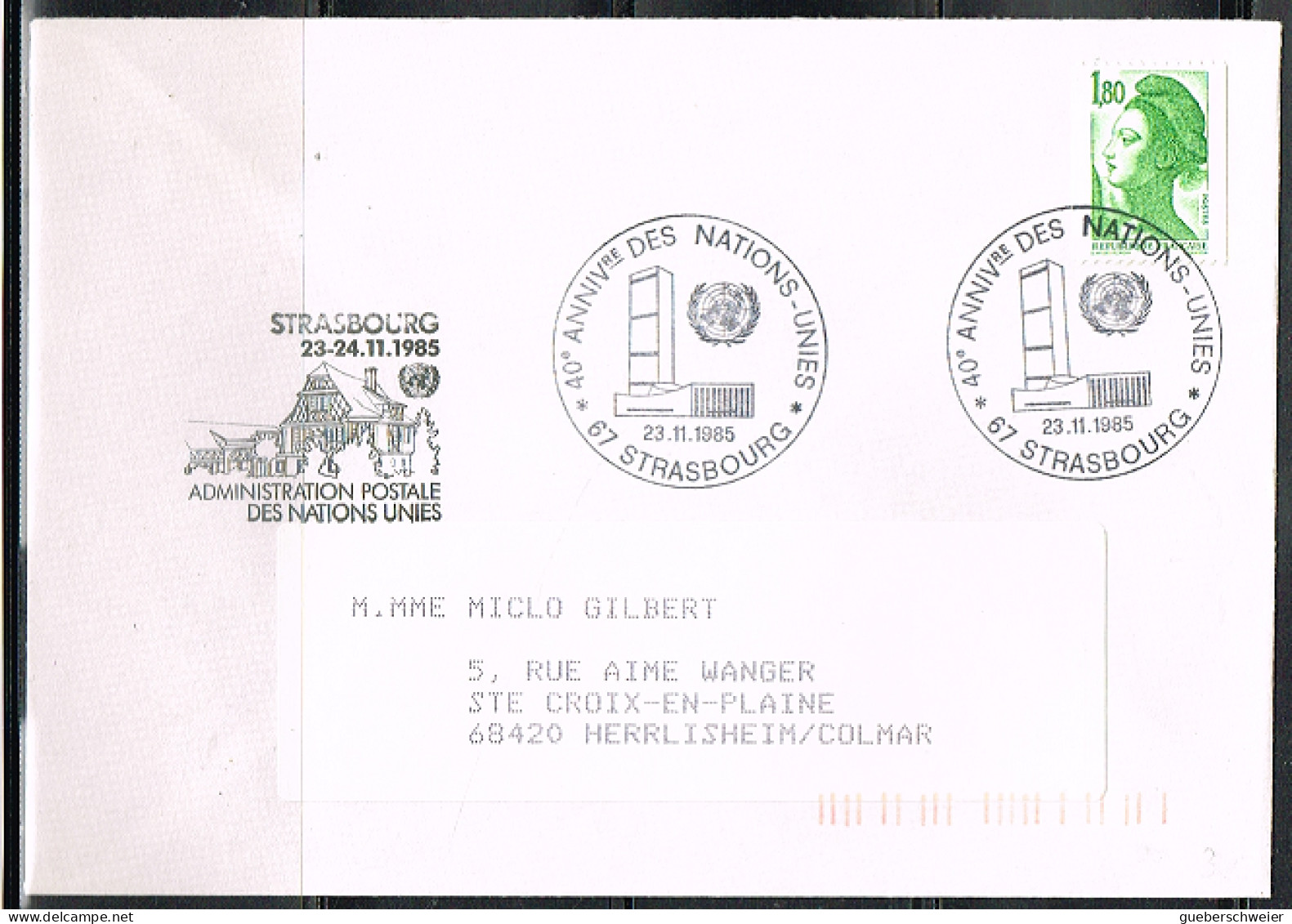 ONU-L70 - FRANCE Cachet Comm. Illustré Sur Lettre 40e Anniversaire Des Nations-Unies Strasbourg 1985 - Gedenkstempels