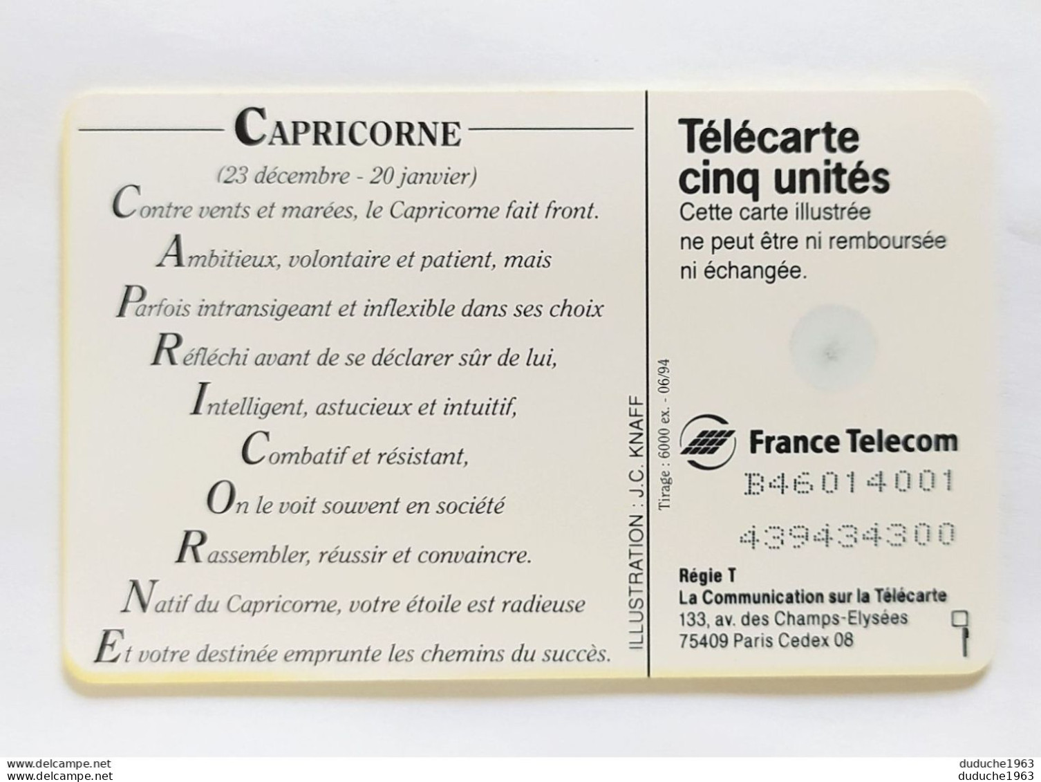 Télécarte France 5 Unités - Zodiaque Astrologie Capricorne - 5 Unità