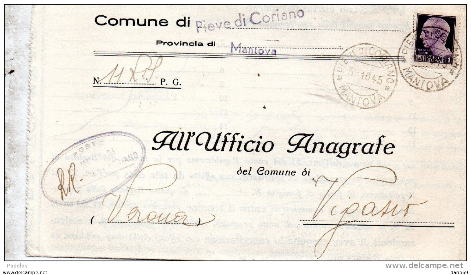 1945 LETTERA CON ANNULLO PIEVE DI CORIANO MANTOVA - Marcophilie