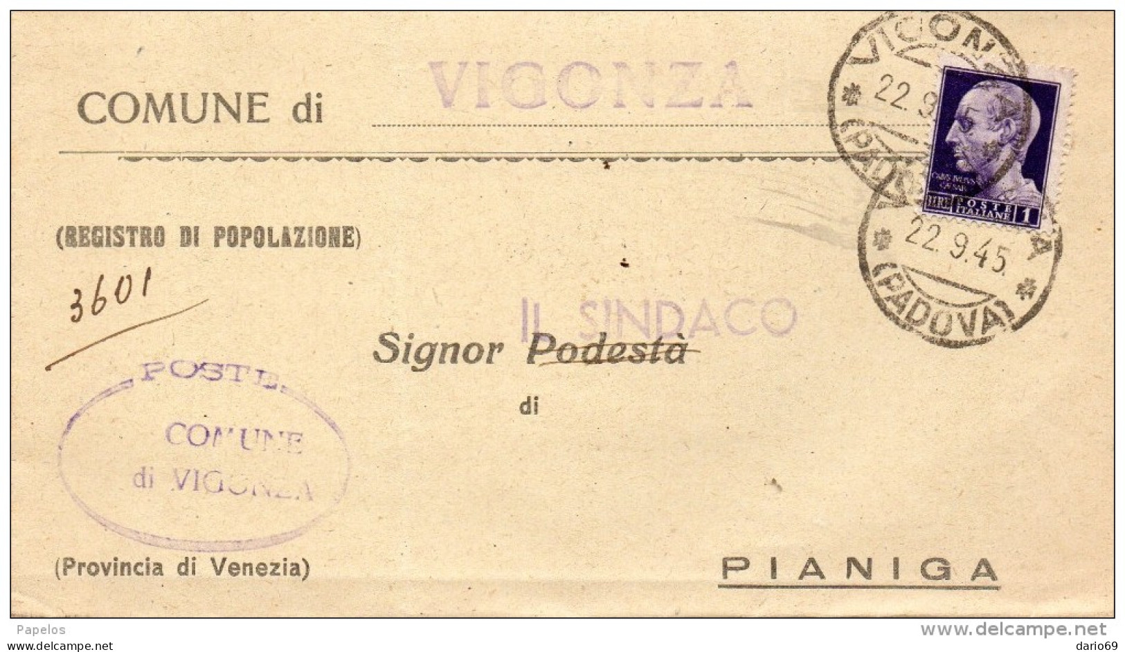 1945 LETTERA CON ANNULLO VIGONZA PADOVA - Marcophilie