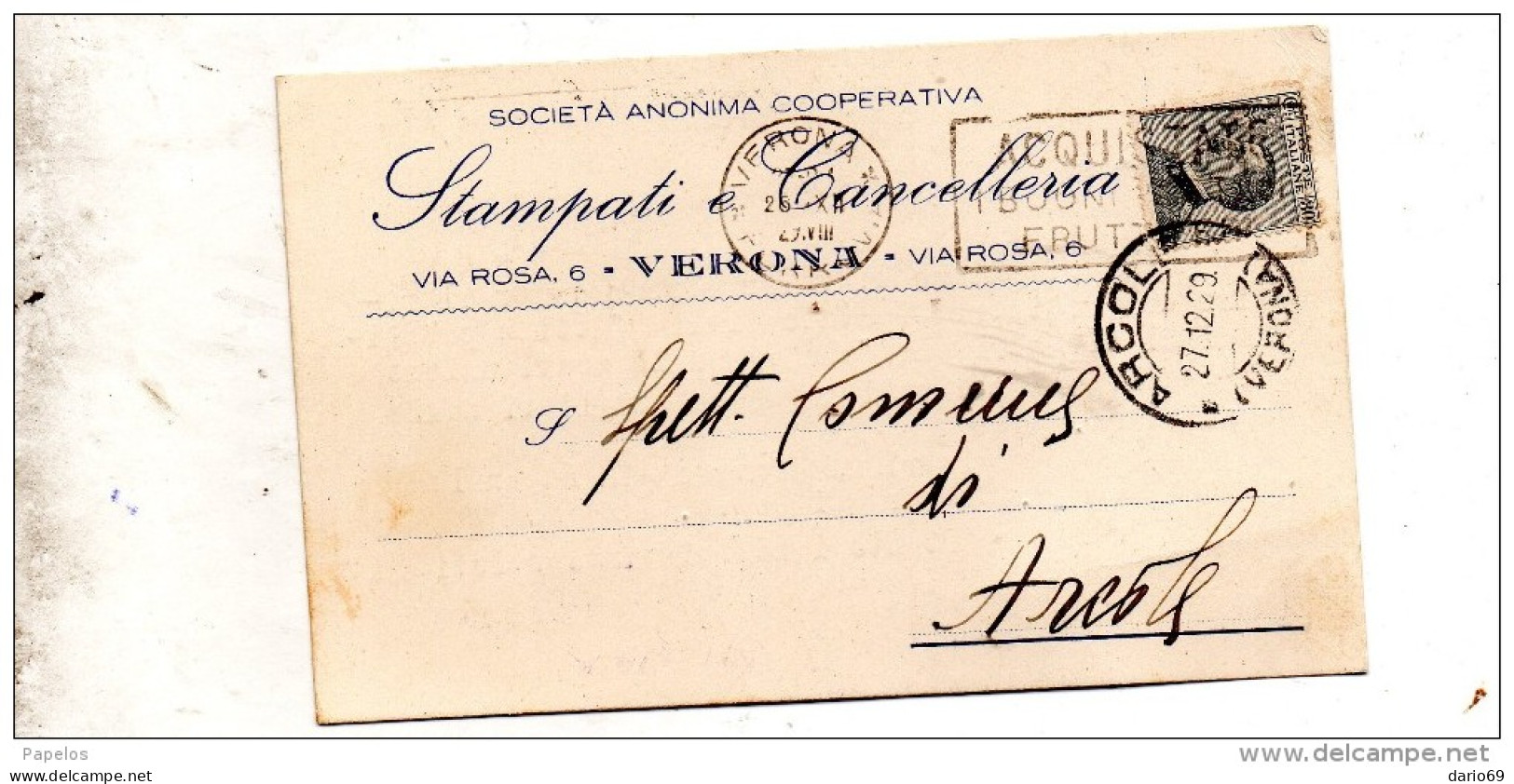 1929  CARTOLINA INTESTATA    CON ANNULLO  ARCOLE VERONA - Marcophilie