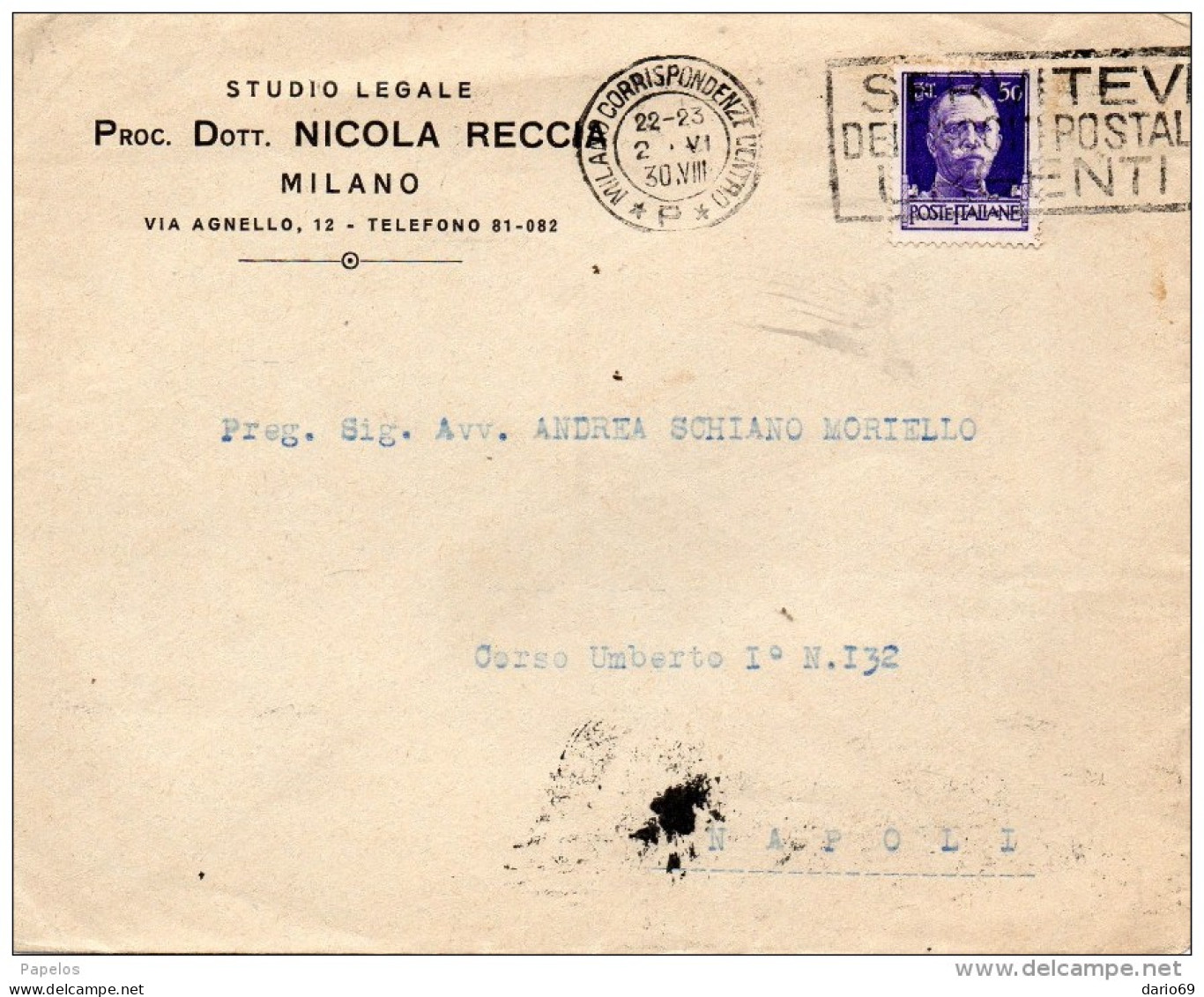 1930 LETTERA  INTESTATA    CON ANNULLO  MILANO + TARGHETTA - Marcophilie