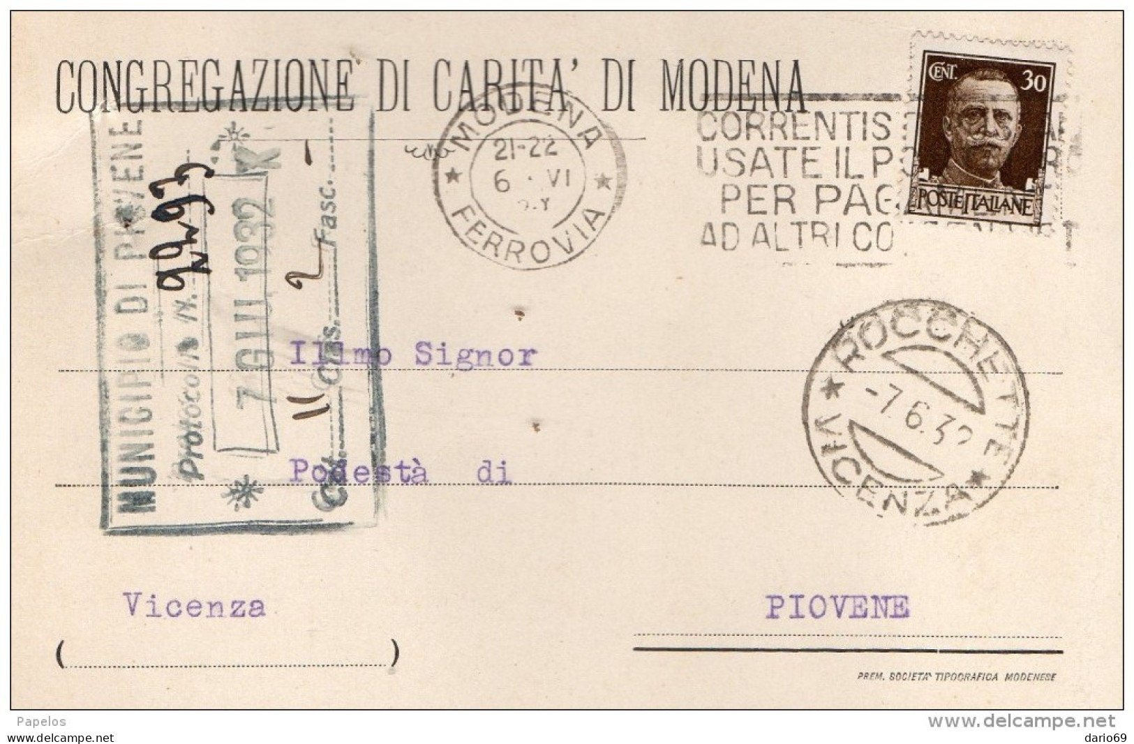 1932   CARTOLINA   CON ANNULLO  ROCCHETTE VICENZA + TARGHETTA - Storia Postale