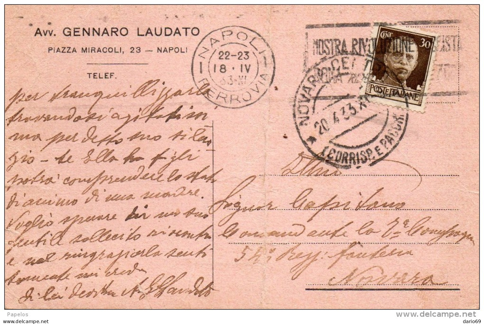 1933   CARTOLINA    CON ANNULLO  NAPOLI + TARGHETTA MOSTRA RIVOLUZIONE   FASCISTA - Storia Postale