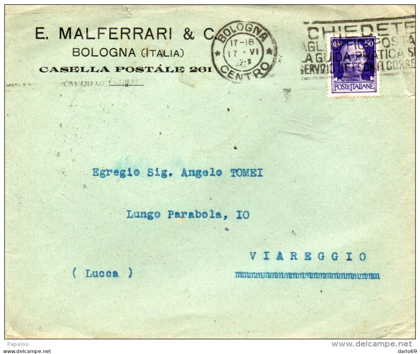 1932  LETTERA  INTESTATA   CON ANNULLO BOLOGNA + TARGHETTA - Storia Postale