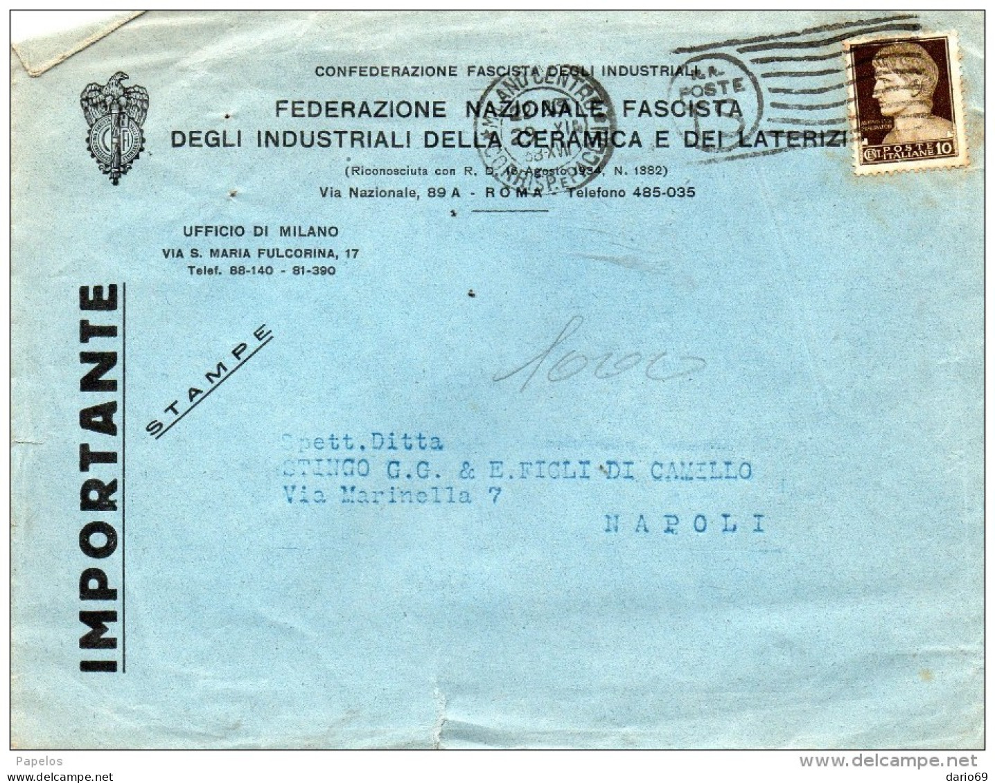 193  LETTERA  INTESTATA FEDERAZIONE NAZIONALE FASCISTA  CON ANNULLO MILANO - Marcofilie