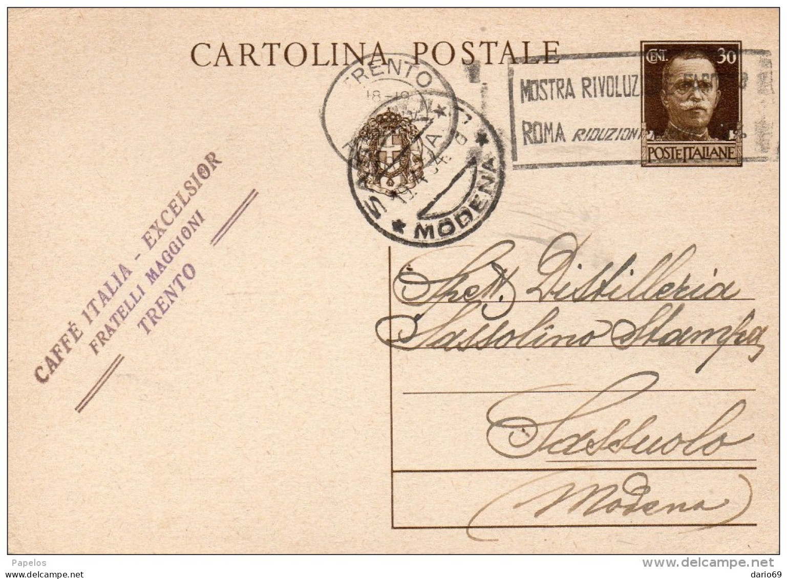 1934     CARTOLINA CON ANNULLO  TRENTO + TARGHETTA MOSTRA RIVOLUZIONE   FASCISTA - Entiers Postaux