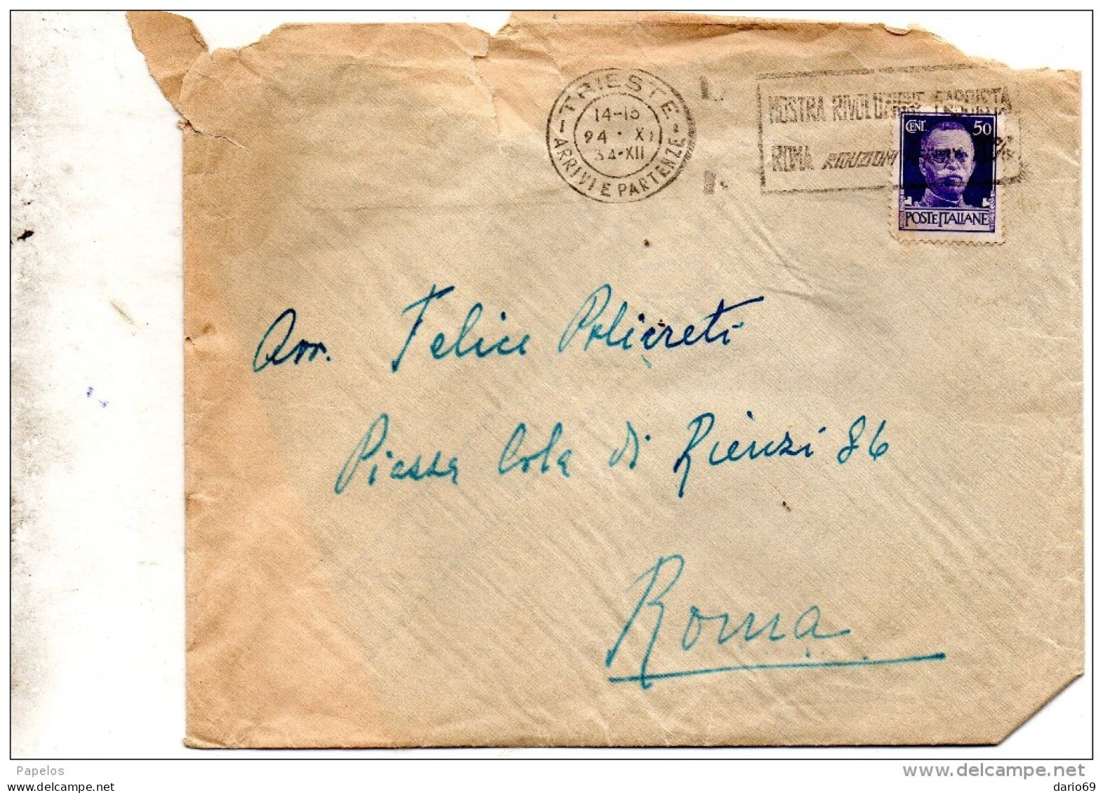 1934    LETTERA  CON ANNULLO  TRIESTE  + TARGHETTA MOSTRA RIVOLUZIONE   FASCISTA - Storia Postale