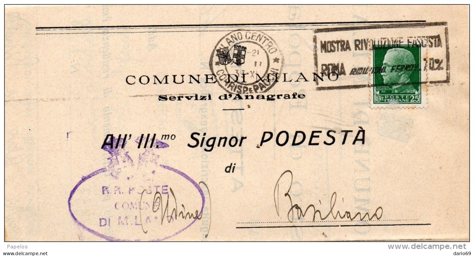 1933   LETTERA  CON ANNULLO  MILANO + TARGHETTA MOSTRA RIVOLUZIONE   FASCISTA - Poststempel