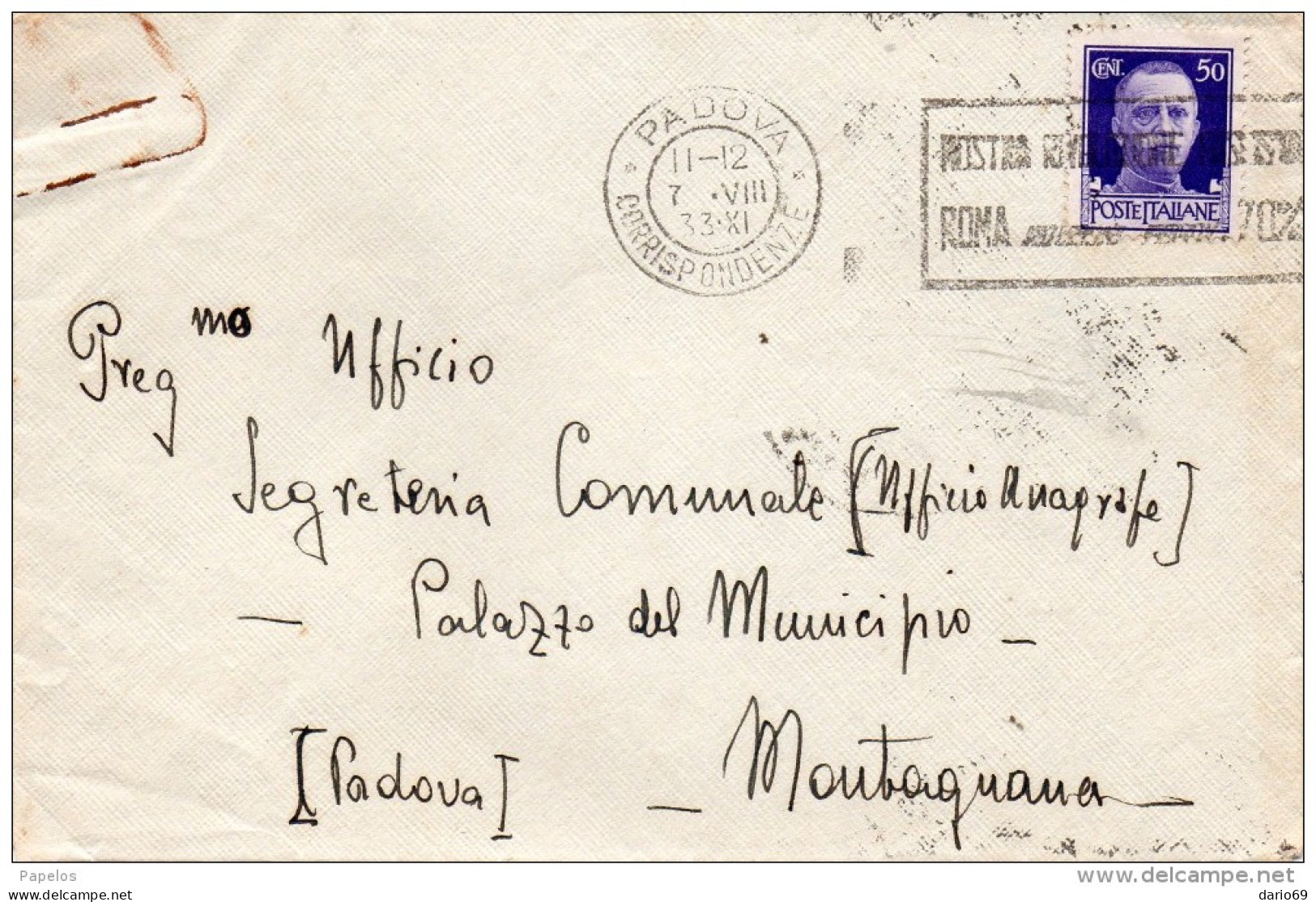 1933  LETTERA  CON ANNULLO  PADOVA + TARGHETTA MOSTRA RIVOLUZIONE   FASCISTA - Storia Postale