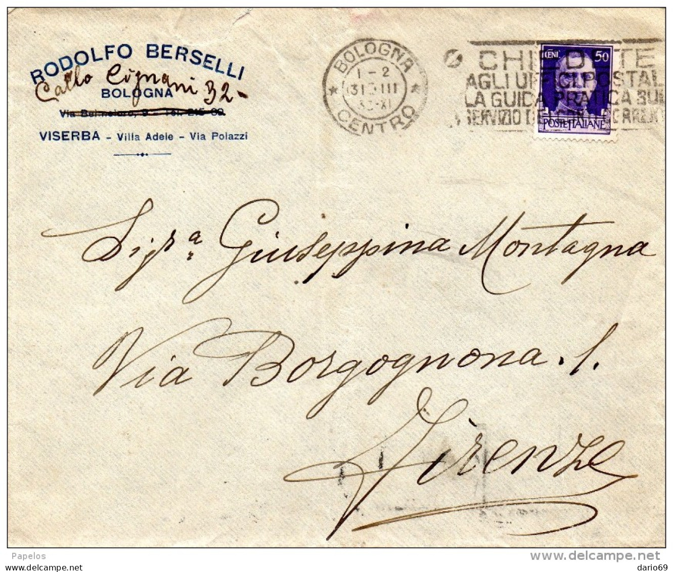 1933  LETTERA  CON ANNULLO  BOLOGNA + TARGHETTA - Poststempel