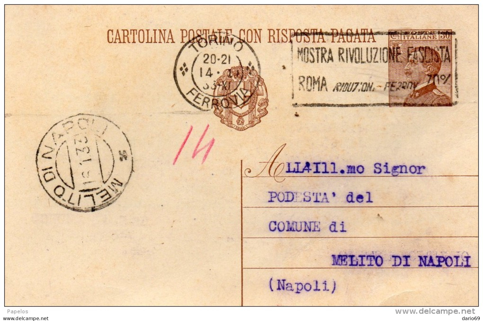 1933    CARTOLINA   CON ANNULLO  TORINO + TARGHETTA MOSTRA RIVOLUZIONE   FASCISTA - Postwaardestukken