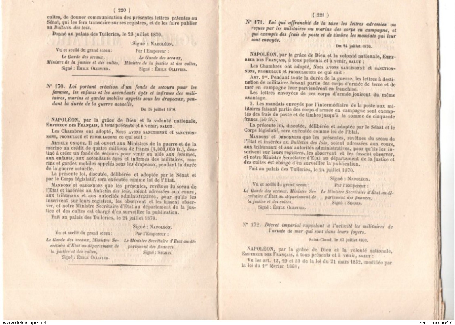 MILITARIA . JOURNAL MILITAIRE OFFICIEL . ANNÉE 1870 - Réf. N°381F - - Français