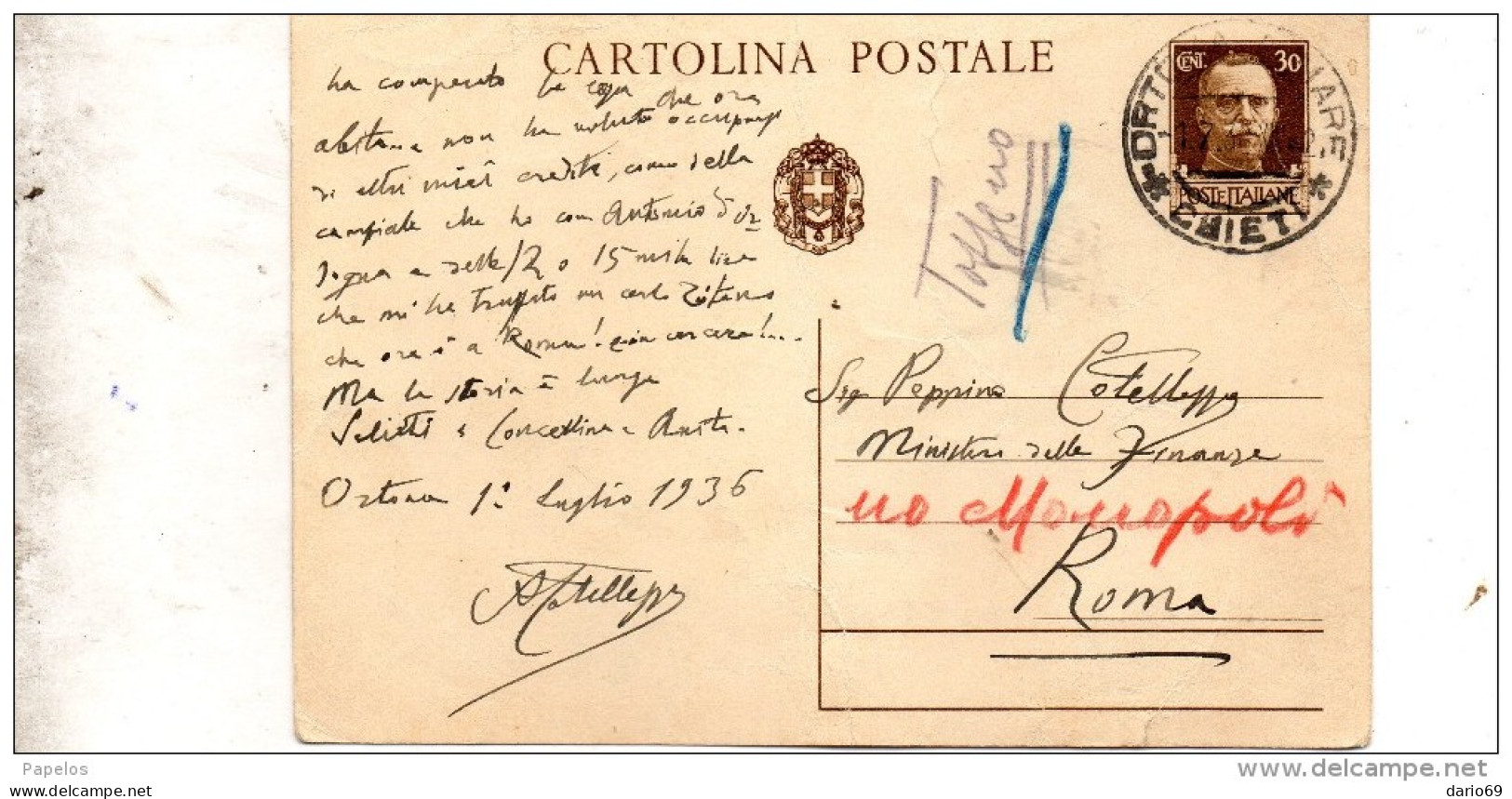 1936  CARTOLINA CON ANNULLO ORTONA AL MARE CHIETI - Postwaardestukken