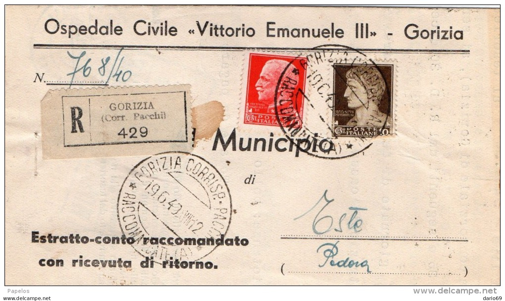 1940  LETTERA RACCOMANDATA  CON ANNULLO GORIZIA - Marcophilie