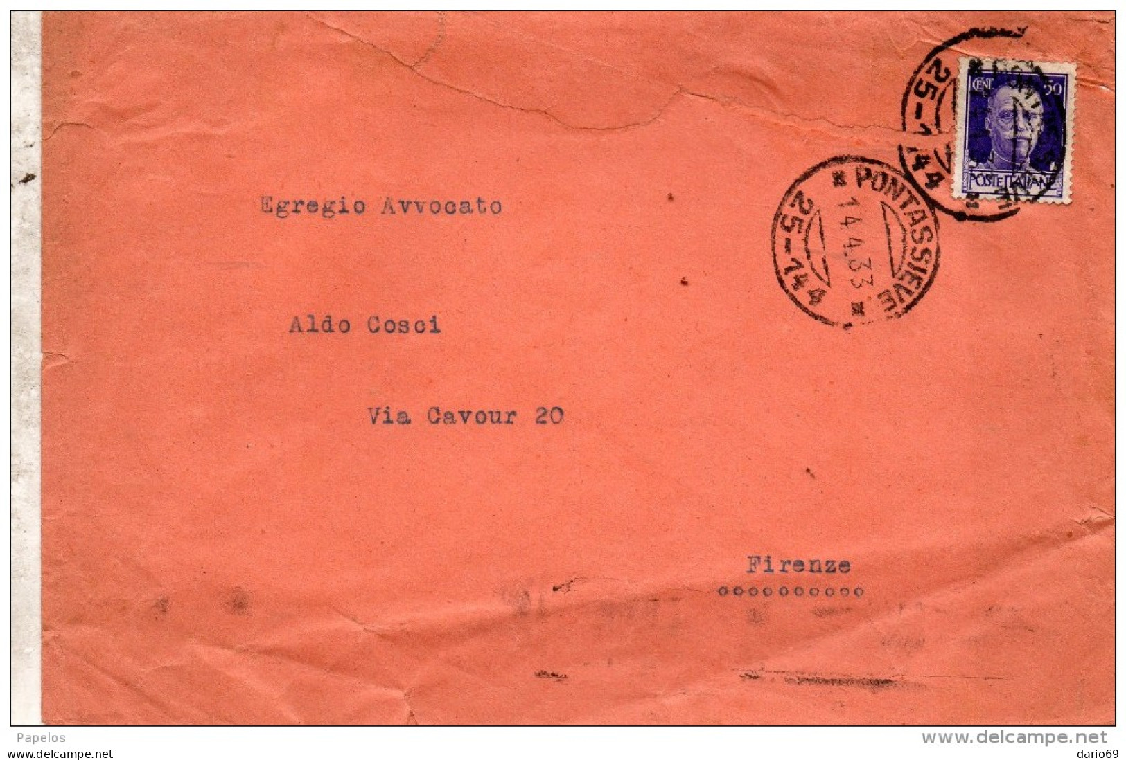 1933  LETTERA  CON ANNULLO  PONTASSIEVE FIRENZE - Storia Postale