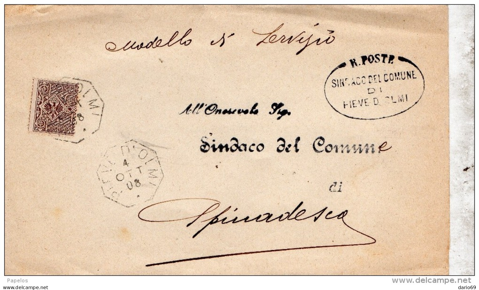 1908   LETTERA  CON ANNULLO  PIEVE D'OLMI CREMONA - DENTELLATURA SPOSTATA - Poststempel