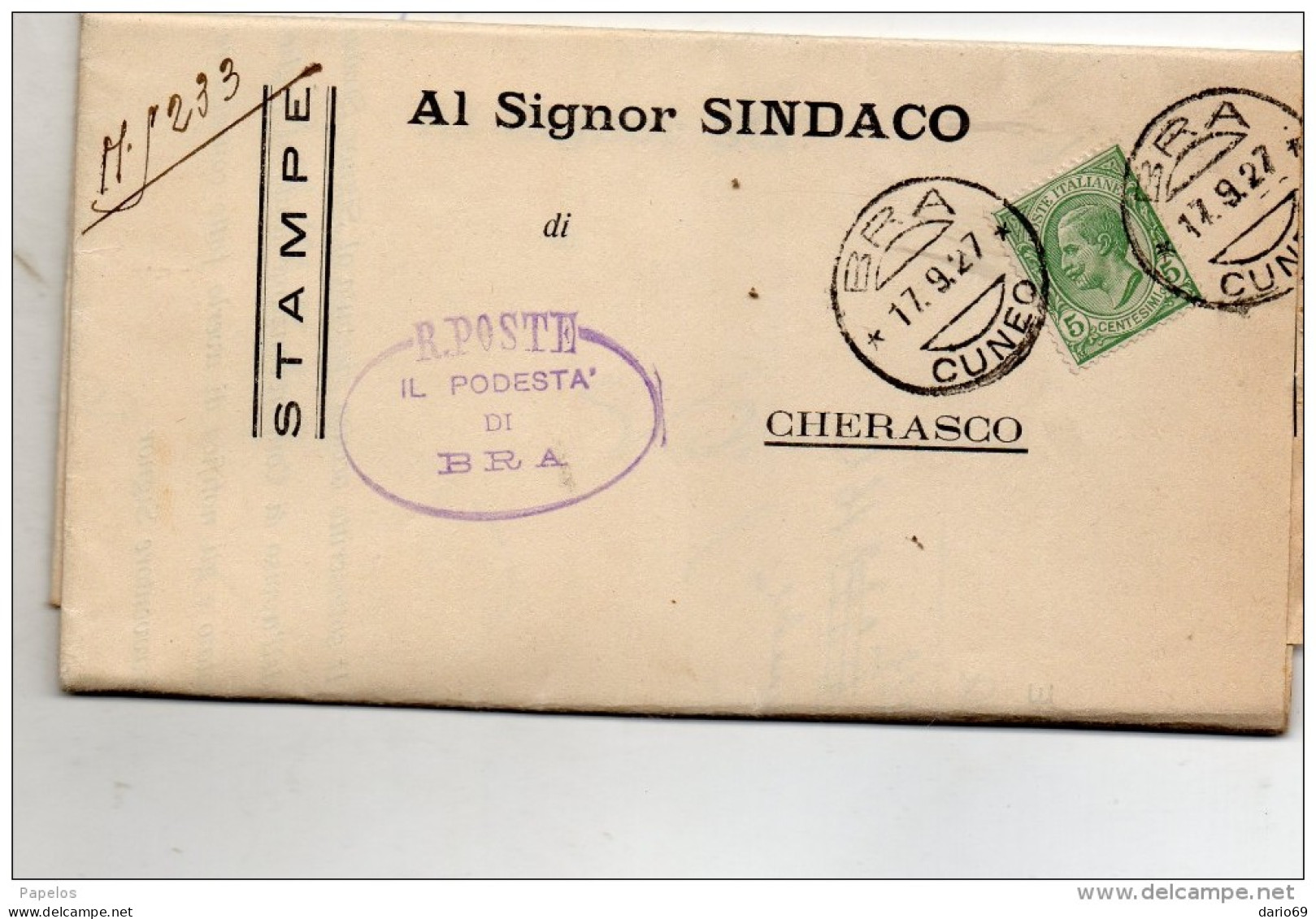 1927  LETTERA  CON ANNULLO  BRA CUNEO - Storia Postale