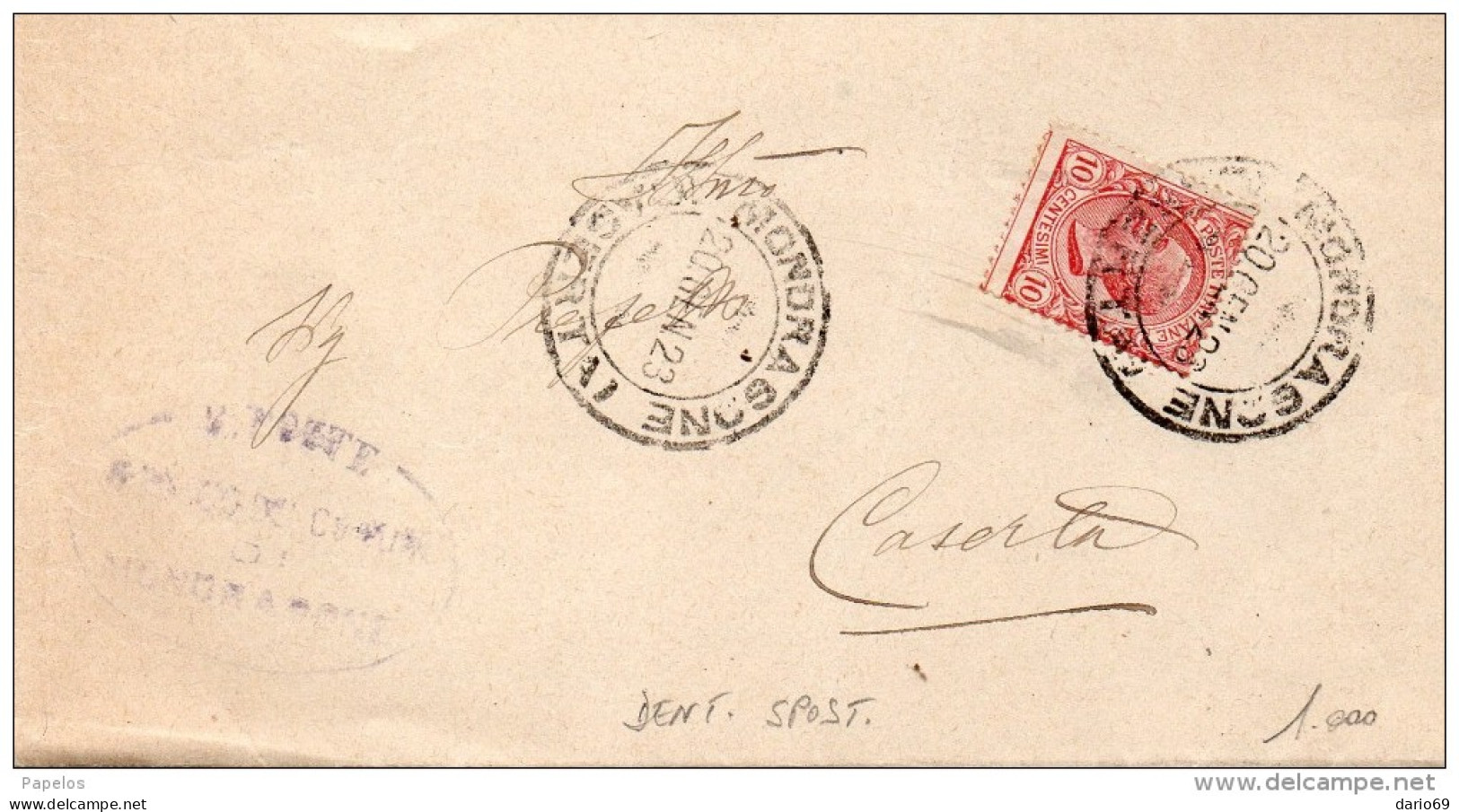 1923  LETTERA CON ANNULLO MONDRAGONE CASERTA -- DENTELLATURA  SPOSTATA - Storia Postale